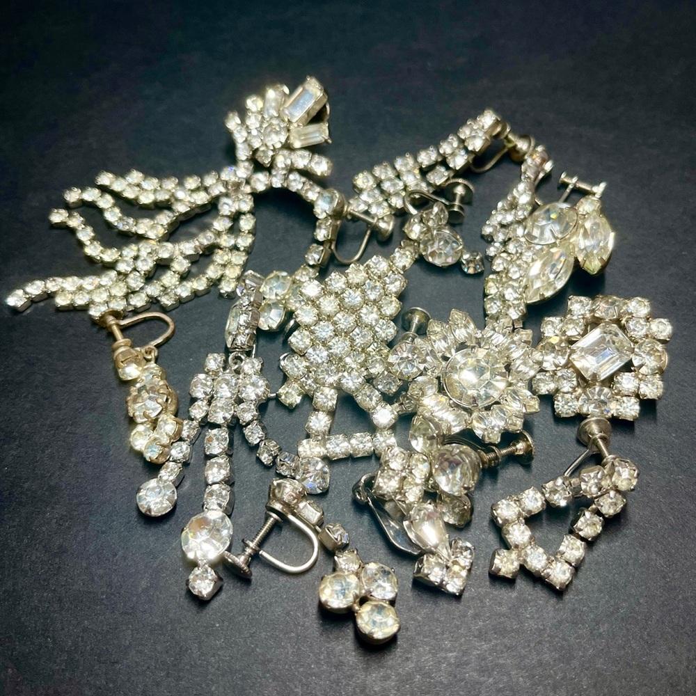 Single Earrings, Claw Set Rhinestones, MCM, 1950-1960s, Gaudy Tree, Bundle, 15